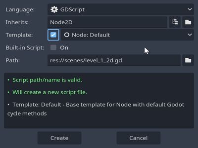 Attach Script Dialog in Godot