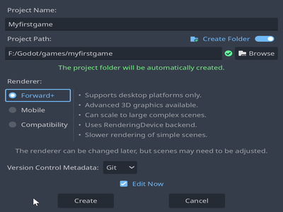 project creation window